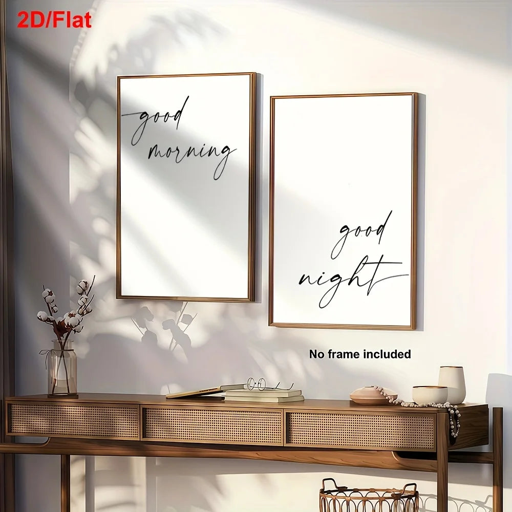 Black White “Good Morning” & “Good Night” Text Canvas Print Wall Art – Minimalist Neutral Typography Decor for Scandinavian Home Styling