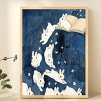 White Rabbit Starry Night Sky Wall Art – Dreamy Illustration with Stars & Open Book – Enchanting Unframed Canvas Print for Nursery, Kids’ Room Decor