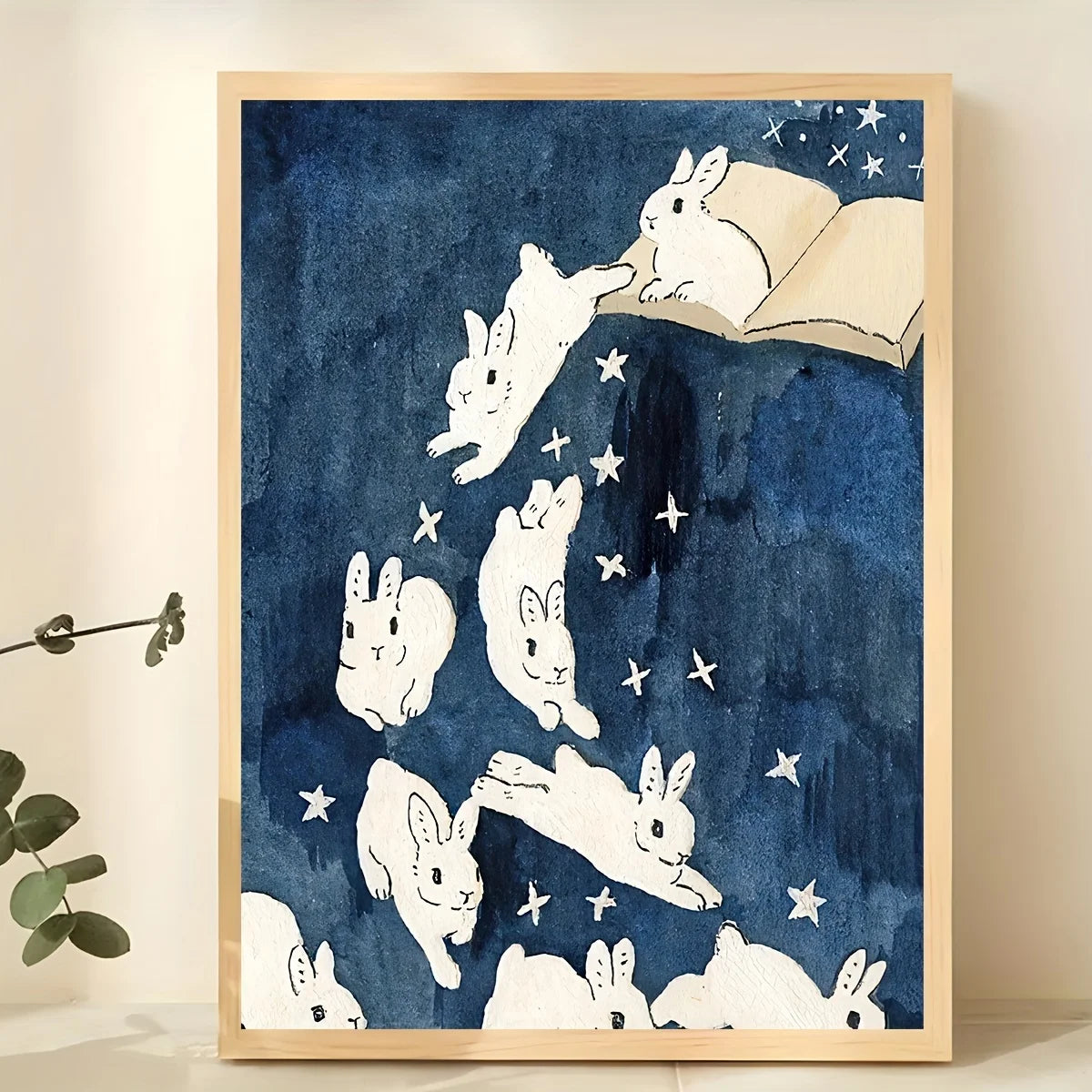 White Rabbit Starry Night Sky Wall Art – Dreamy Illustration with Stars & Open Book – Enchanting Unframed Canvas Print for Nursery, Kids’ Room Decor