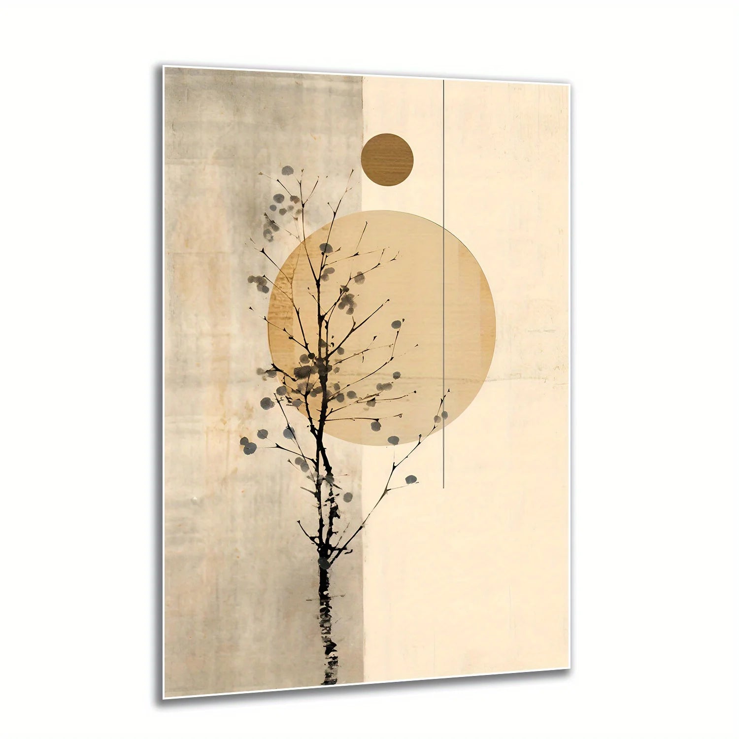 Minimalist Tree Silhouette Wall Art – Modern Gray & Beige Geometric Sun and Moon Design – Contemporary Artwork for Calm Living Room Decor
