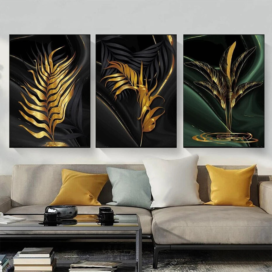 Tropical Green Golden Leaf Wall Art Fine Art Canvas Prints - Modern Botanical Art For Living Room Dining Room Art For Home Office Interiors