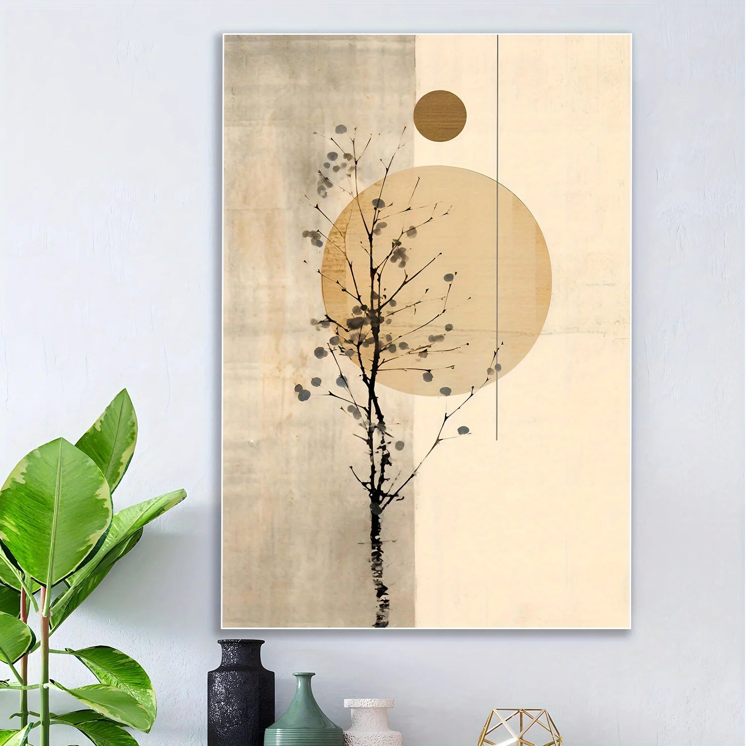 Minimalist Tree Silhouette Wall Art – Modern Gray & Beige Geometric Sun and Moon Design – Contemporary Artwork for Calm Living Room Decor