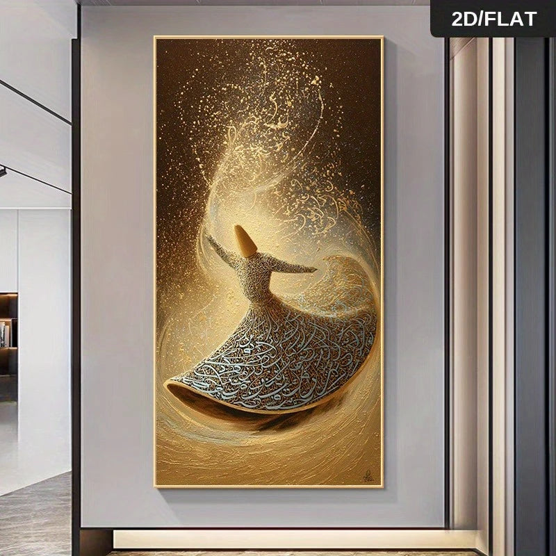 Elegant Whirling Dervish Wall Art Unframed – Sufi Dance Calligraphic Design in Gold & Brown for Modern Hallway and Spiritual Home Decor