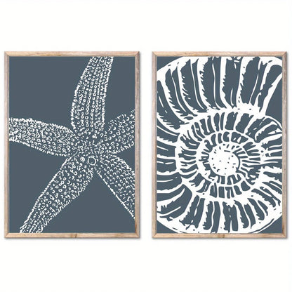 Coastal Starfish & Seashell Unframed Canvas Print Wall Art – Modern Beach‑Inspired Blue‑Gray Nautical Decor for Coastal Home Styling