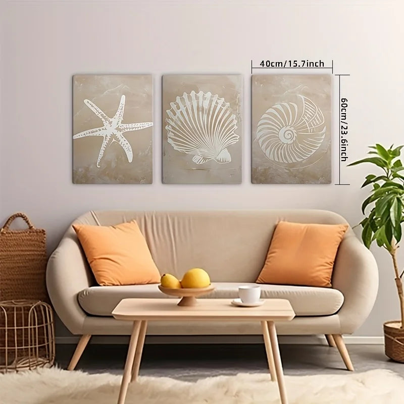 Coastal Sea Life Canvas Print Set – Beige Textured Starfish, Scallop & Nautilus Shell Wall Art for Beach House, Modern Coastal Home Décor