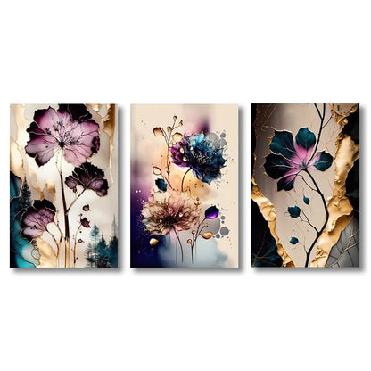 Set of 3Pcs Dreamy Purple Beige Cyan Floral Abstract Wall Art Fine Art Canvas Prints - Modern Botanical Pictures For Living Room Dining Room Wall Decor For Boutique Hotel Room