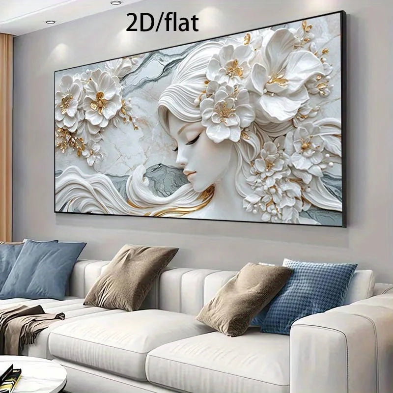 Elegant Floral Goddess Woman Wall Art – White & Golden Flower Hair Design – Canvas Print Artwork for Hair & Beauty Salon and Spa Wall Décor