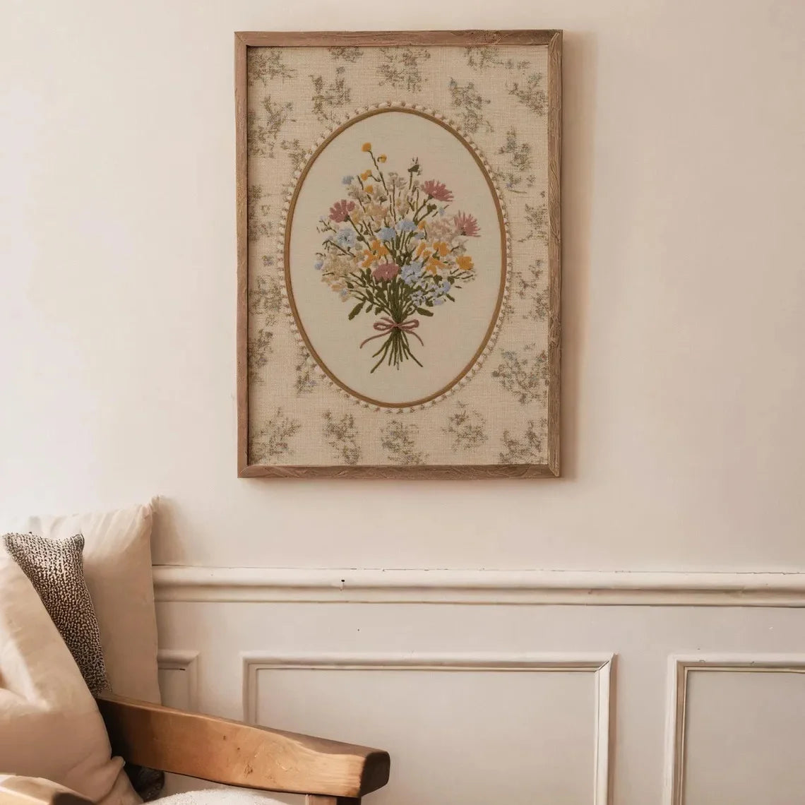 Vintage Floral Oval Canvas Print Wall Art – Soft Pastel Botanical Illustration for Nursery, Kids’ Bedroom & Cozy Cottagecore Home Décor
