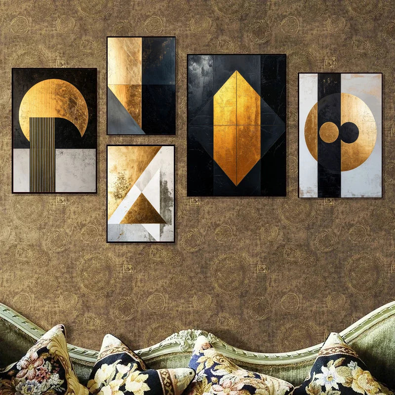 Modern Abstract Black Golden Geometric Wall Art Fine Art Canvas Prints - Modern Art For Contemporary Apartment Living Room Dining Room Bedroom Art Decor