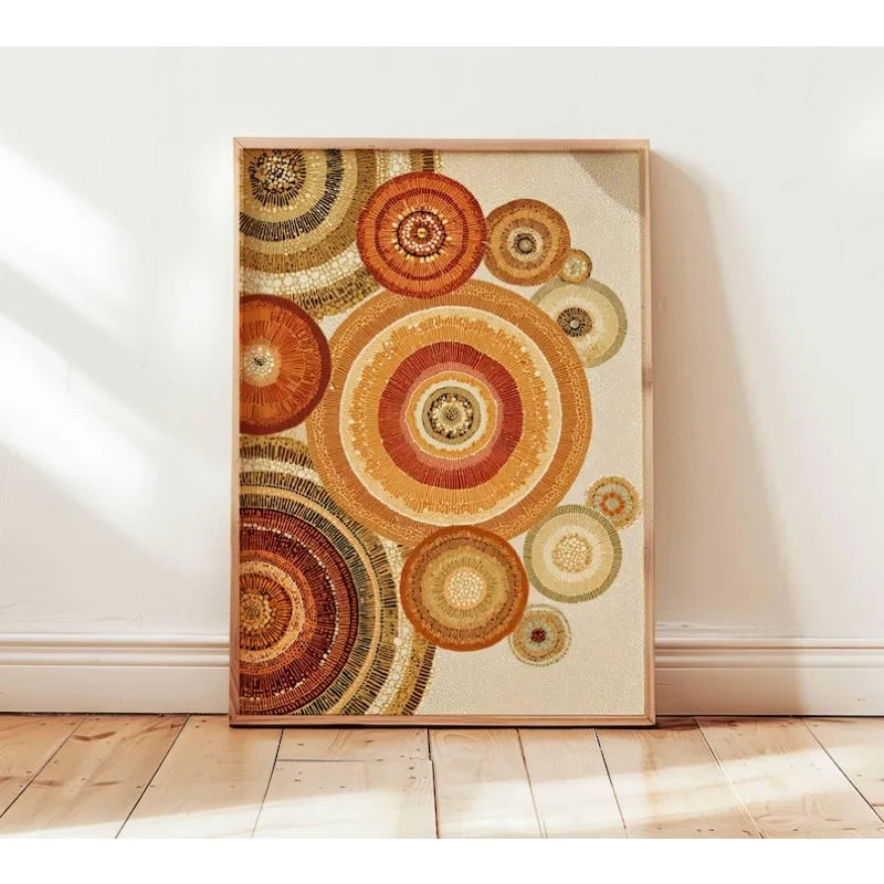 Large Abstract Concentric Circles Canvas Print Wall Art – Warm Earthy Orange, Red & Brown Geometric Artwork for Modern Interior Decor