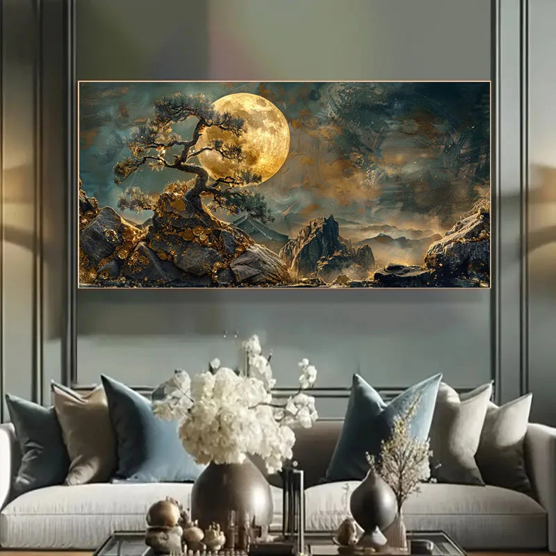 Mystical Golden Moon Tree Landscape Wall Art – Surreal Dreamy Nature Scene – Large Format Canvas Print for Modern Living Room Decor
