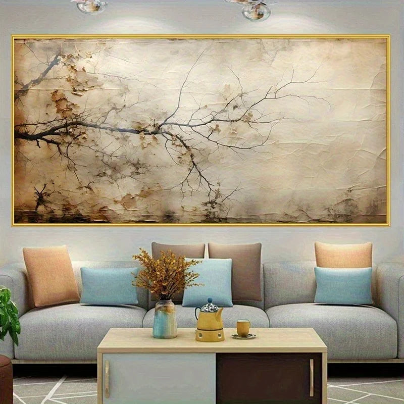 Large Rustic Neutral Abstract Tree Branch Canvas Print Wall Art for Modern Minimalist Living Room Décor and Contemporary Home Interiors