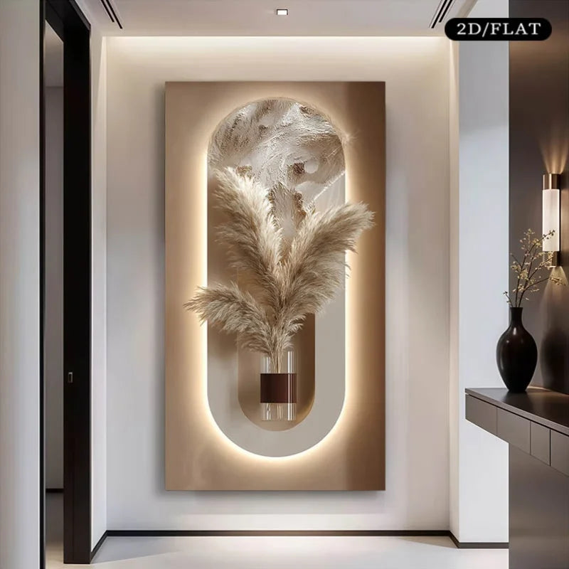 Modern Pampas Grass Wall Art – Luxury Backlit Arch Design with Neutral Textured Vase for Elegant Hallway & Minimalist Home Decor