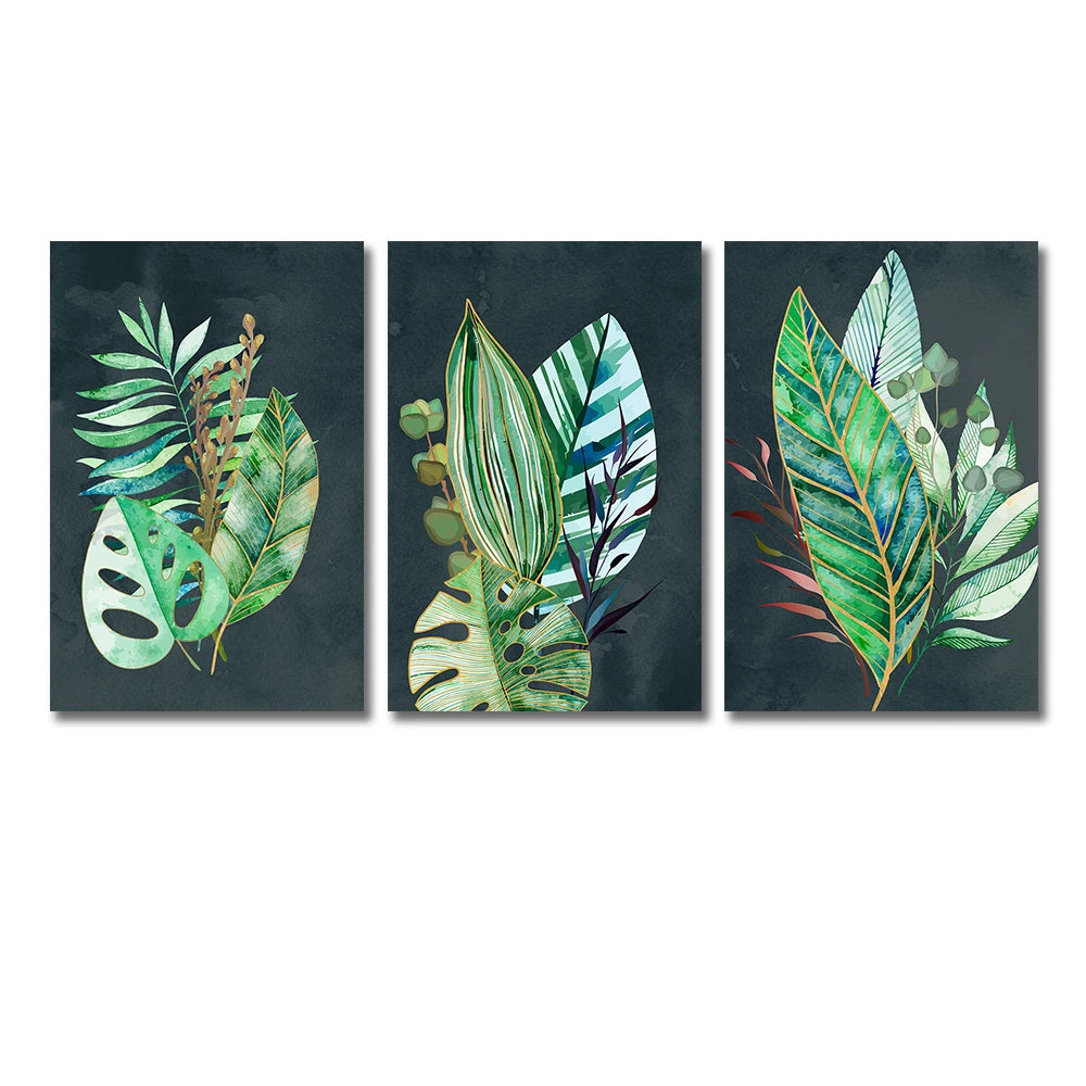 Set of 3PCs Golden Monstera Wall Art Fine Art Canvas Prints - Modern Tropical Botanical Pictures For Living Room Dining Room Art For Contemporary Interiors