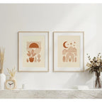 Large Minimalist Boho Geometric Sun Moon Mountain Unframed Canvas Print Set Wall Art in Warm Earthy Tones for Modern Home Styling