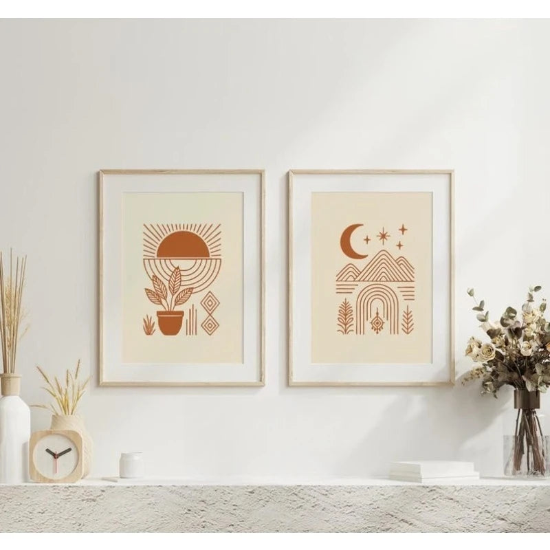 Large Minimalist Boho Geometric Sun Moon Mountain Unframed Canvas Print Set Wall Art in Warm Earthy Tones for Modern Home Styling