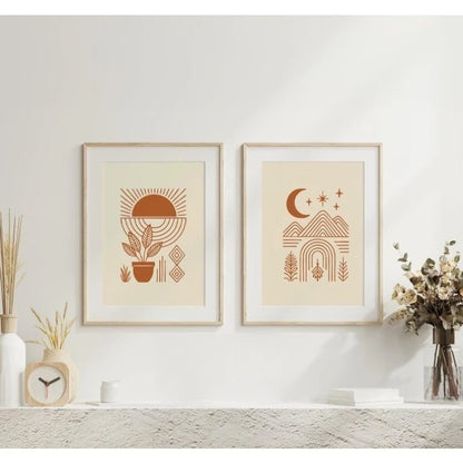 Large Minimalist Boho Geometric Sun Moon Mountain Unframed Canvas Print Set Wall Art in Warm Earthy Tones for Modern Home Styling