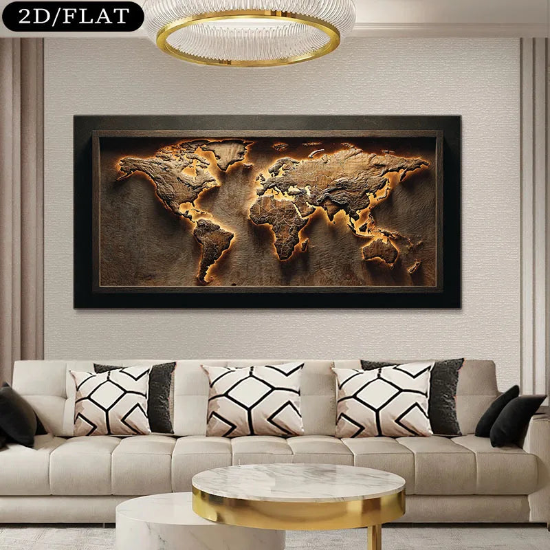 Luxury Unframed Abstract World Map Canvas Print Wall Art – Modern Neutral Living Room Statement Art Piece for Earth‑Tone Home Decor