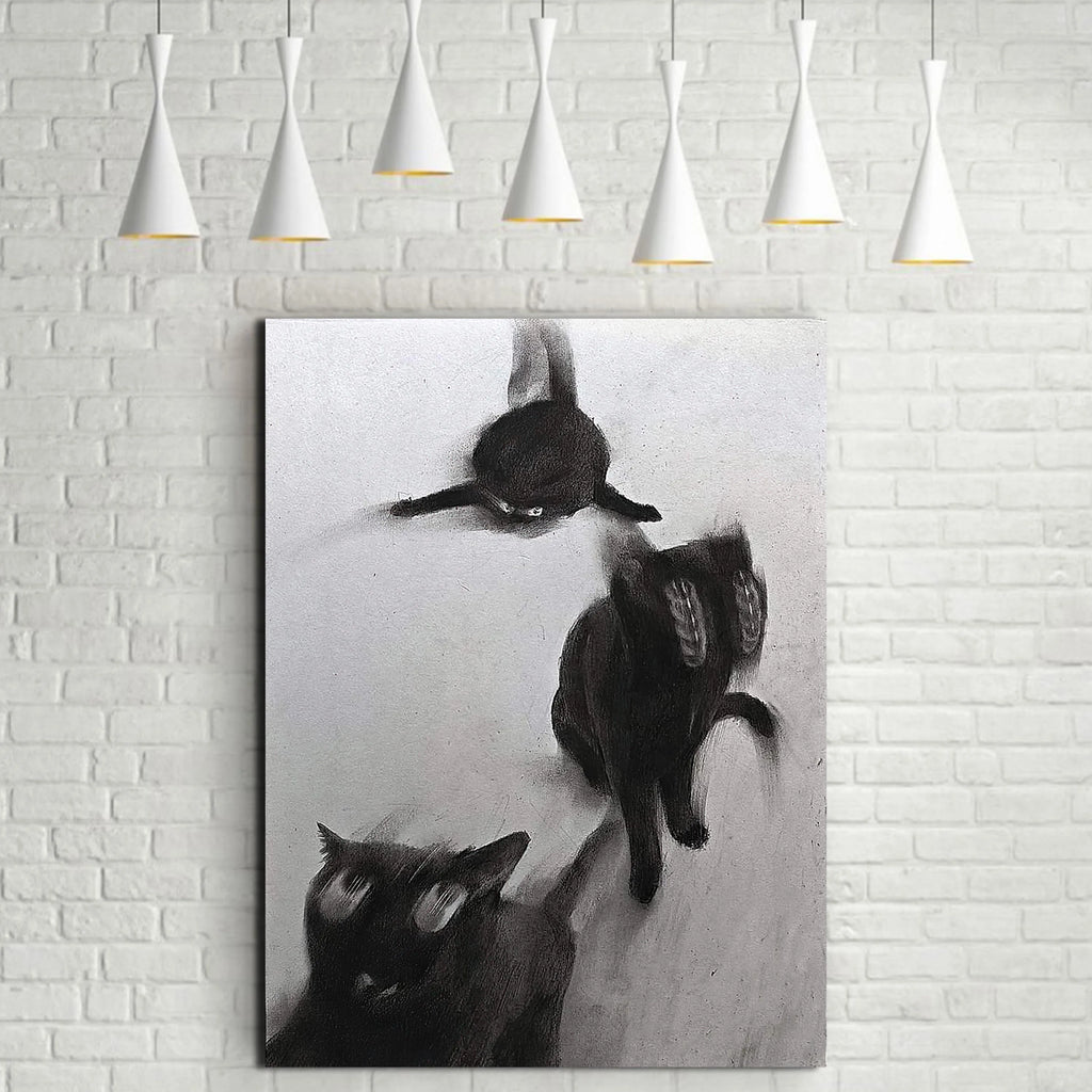 Abstract Black Cats In Motion Wall Art – Expressive Blurred Feline Trio Artwork – Modern Minimalist Print for Contemporary Living Room Decor