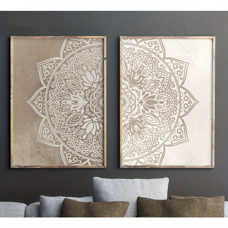Neutral Mandala Wall Art Set – Intricate Floral & Geometric Pattern Design – Symmetrical Canvas Print Set for Modern Foyer Decor