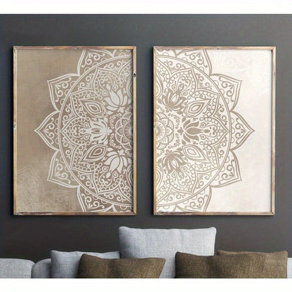 Neutral Mandala Wall Art Set – Intricate Floral & Geometric Pattern Design – Symmetrical Canvas Print Set for Modern Foyer Decor
