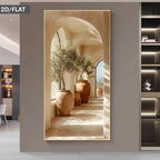Mediterranean Sunlit Archway Wall Art Canvas Print – Rustic Terracotta Pots & Olive Trees Artworks – Modern Architectural Decor for Hallway