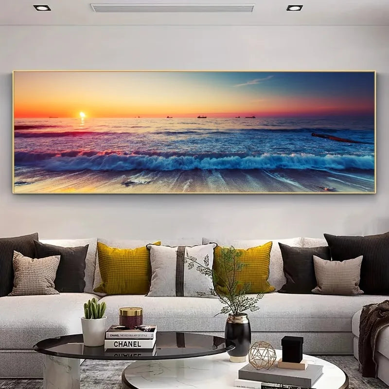 Natural Scenery Canvas Art Poster Sunset Over The Beach with Waves, for Living Rooms, Bedrooms, Offices, Artwork Without Unframe