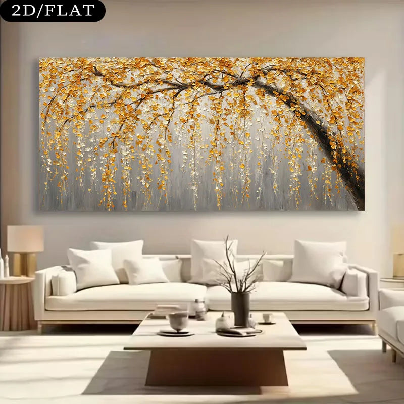 Golden Tree Branch Leaves Wall Art – Luxury Neutral Botanical Unframed Canvas Print for Modern Living Room Auspicious Home Interior Styling