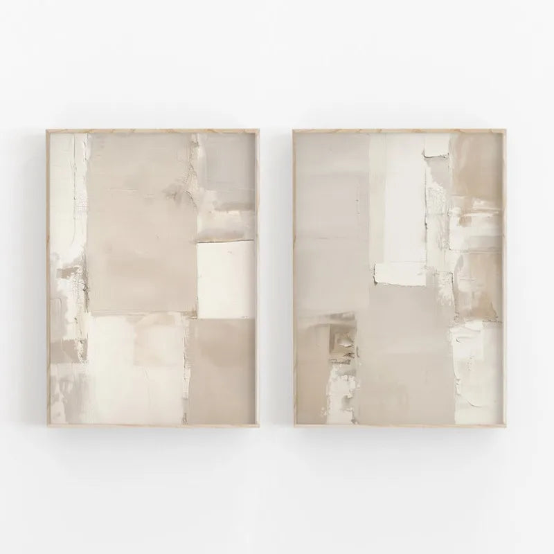 Neutral Beige Abstract Wall Art Set – Minimalist Geometric Brushstroke Design – Modern Unframed Canvas Prints for Calm Bedroom Decor