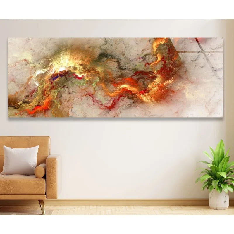 Large Fiery Abstract Swirl Wide Format Canvas Print Wall Art – Red Orange Gold Cloudscape Painting for Modern Bedroom Above Bed Decor