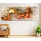 Large Fiery Abstract Swirl Wide Format Canvas Print Wall Art – Red Orange Gold Cloudscape Painting for Modern Bedroom Above Bed Decor