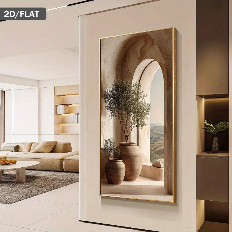 Mediterranean Archway Landscape Canvas Print – Warm Neutral Architectural Wall Art with Clay Pots & Minimalist Nature Scene for Modern Rustic Interiors