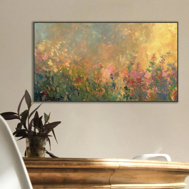 Sunset Wildflower & Spring Meadow Scenery Frameless Horizontal Poster, Canvas Print for Living Room, Bedroom, Home Office Decor