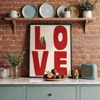 Red LOVE Typography Wall Art with Cute Cat Illustration – Charming Modern Unframed Canvas Print for Rustic Kitchen & Cozy Bedroom Decor