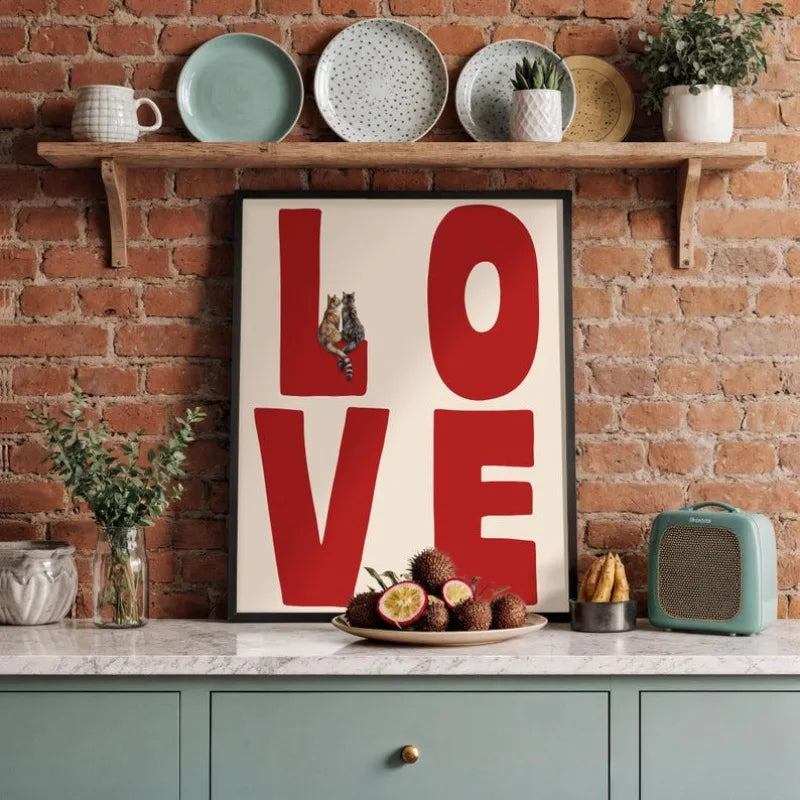 Red LOVE Typography Wall Art with Cute Cat Illustration – Charming Modern Unframed Canvas Print for Rustic Kitchen & Cozy Bedroom Decor