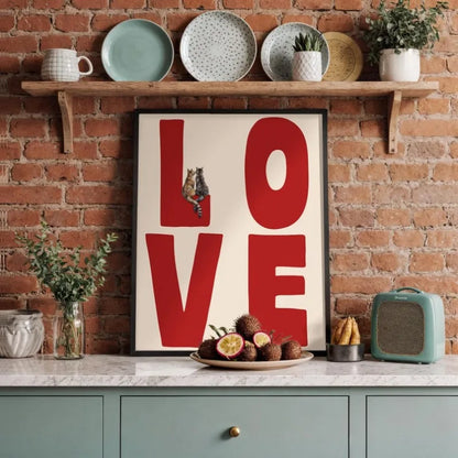 Red LOVE Typography Wall Art with Cute Cat Illustration – Charming Modern Unframed Canvas Print for Rustic Kitchen & Cozy Bedroom Decor