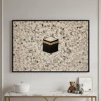 Kaaba Islamic Canvas Print Wall Art – Modern Neutral Mecca Illustration with Gold Accents for Living Room, Prayer Space & Contemporary Home Décor