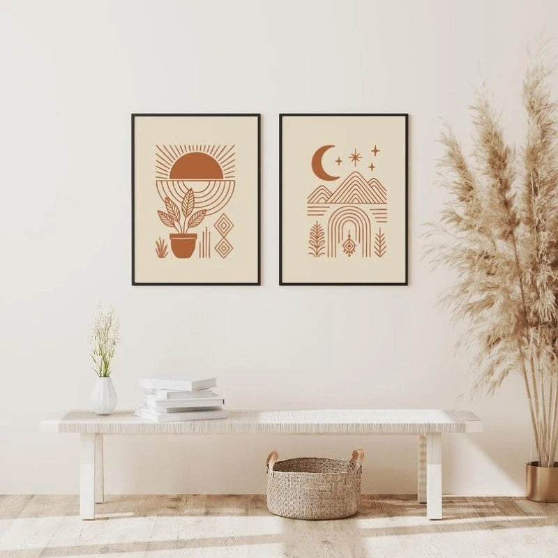 Large Minimalist Boho Geometric Sun Moon Mountain Unframed Canvas Print Set Wall Art in Warm Earthy Tones for Modern Home Styling