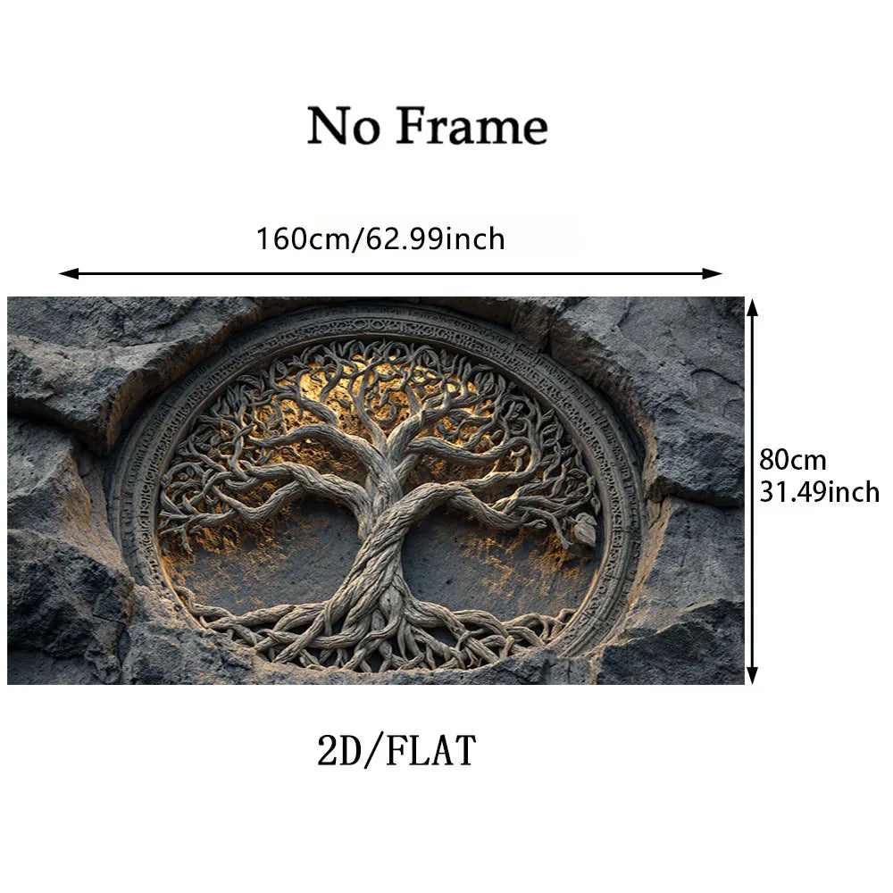 Auspicious Tree of Life Unframed Canvas Print Wall Art – Intricate Carved‑Style Roots & Branches Hewn From Stone - for Modern Living Room