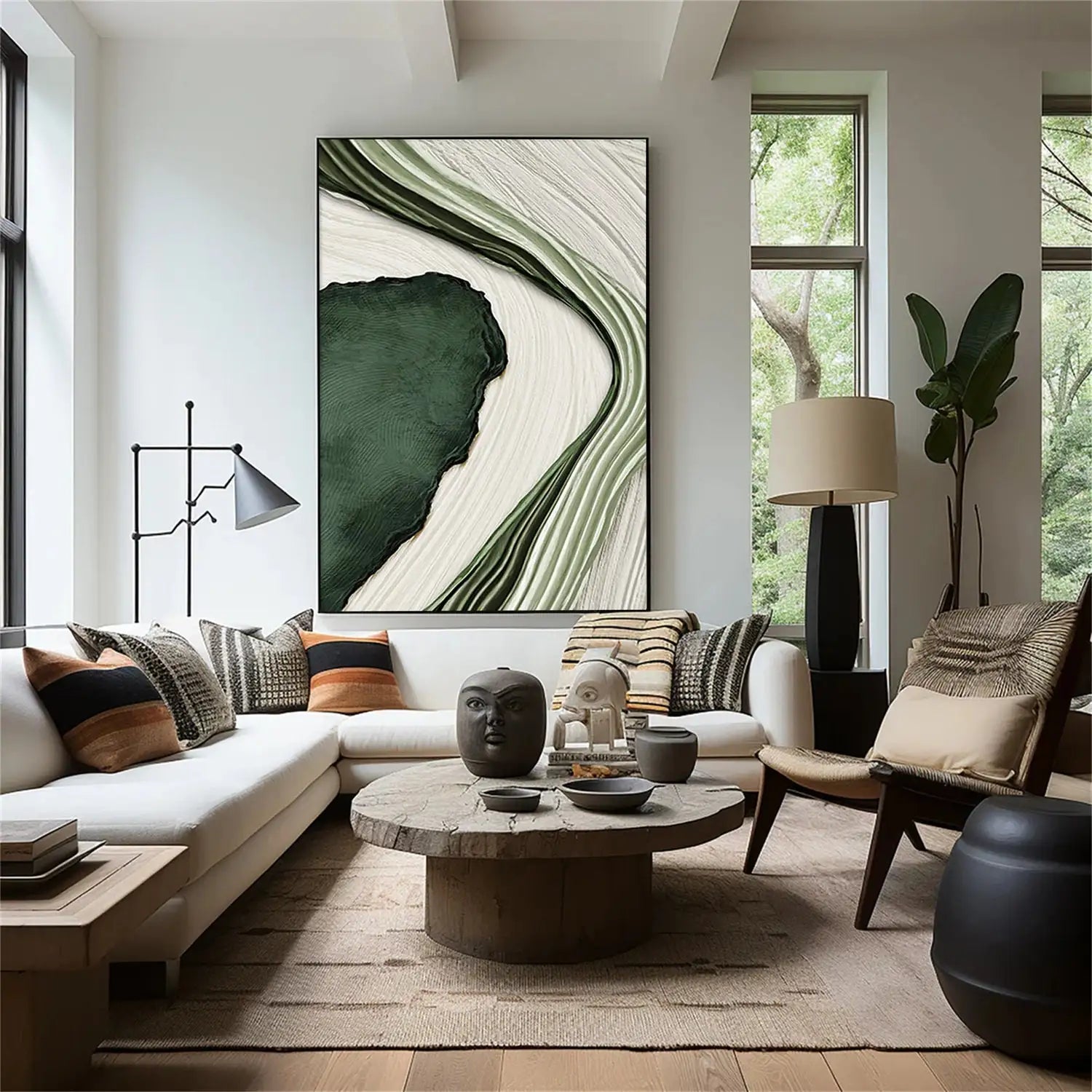 Modern Abstract Green Beige Flowing Contours Wall Art Fine Art Canvas Prints - Modern Artworks For Entranceway Foyer Living Room Dining Room Home Art Decor
