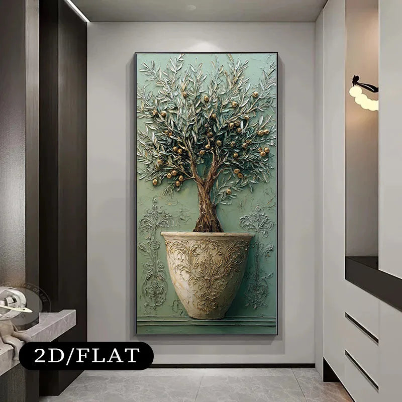 Elegant Terracotta Olive Tree Canvas Wall Art – Neutral Botanical Artwork With Ornate Vase & Sculptural Detailing For Modern Entryway Foyer