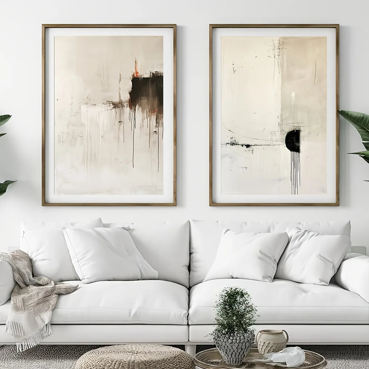 Large 2‑Panel Minimalist Abstract Drip Canvas Print Wall Art – Neutral Beige & Black Unframed Contemporary Painting for Stylish Living Room Decor