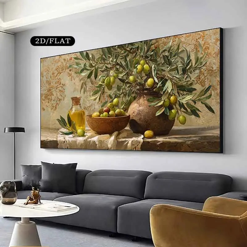 Rustic Classical Mediterranean Olive Still Life Canvas Wall Art – Vintage Kitchen Décor Artwork Print with Terracotta Potted Olive Tree Branches