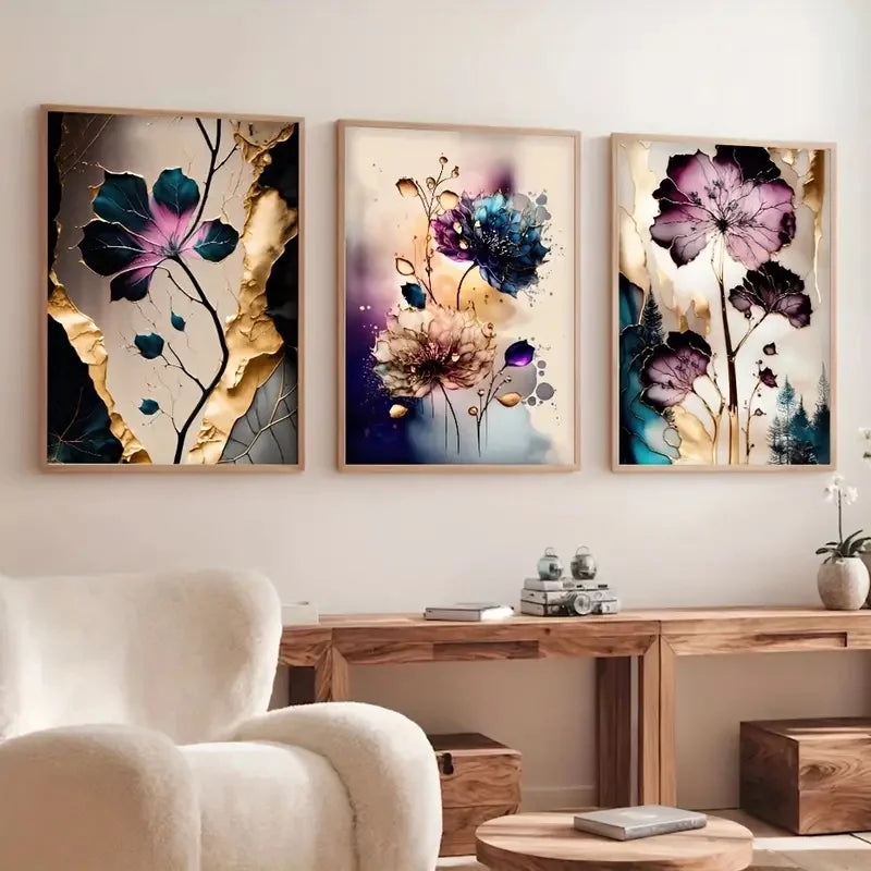 Set of 3Pcs Dreamy Purple Beige Cyan Floral Abstract Wall Art Fine Art Canvas Prints - Modern Botanical Pictures For Living Room Dining Room Wall Decor For Boutique Hotel Room