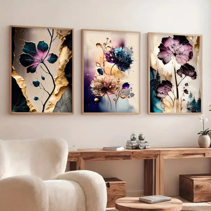 Set of 3Pcs Dreamy Purple Beige Cyan Floral Abstract Wall Art Fine Art Canvas Prints - Modern Botanical Pictures For Living Room Dining Room Wall Decor For Boutique Hotel Room