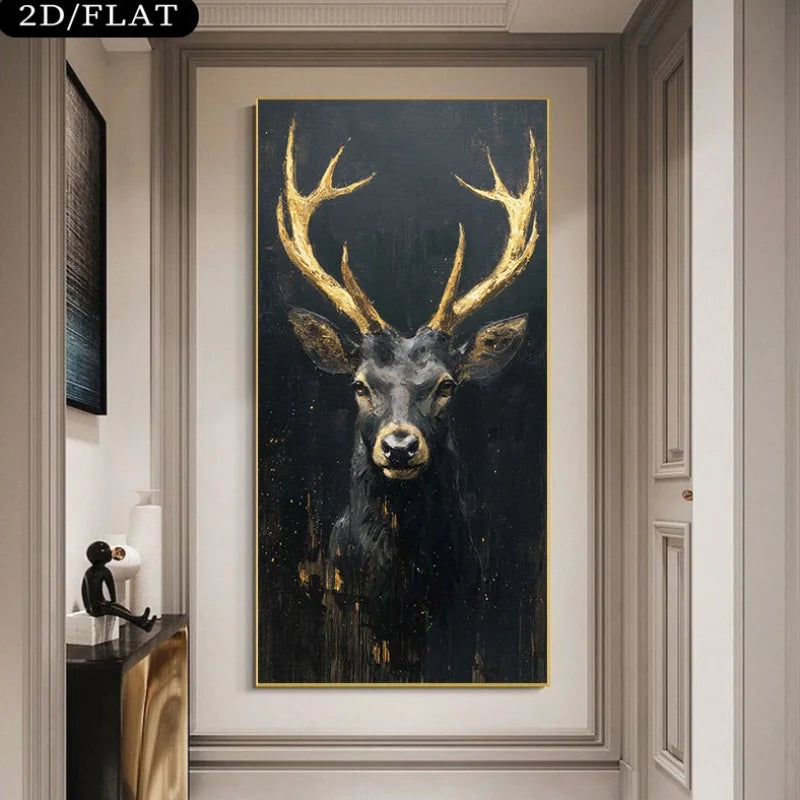 Golden Antler Deer Unframed Canvas Print Wall Art – Black Background Luxury Nordic Artwork for Modern Living Room & Foyer Art Decor