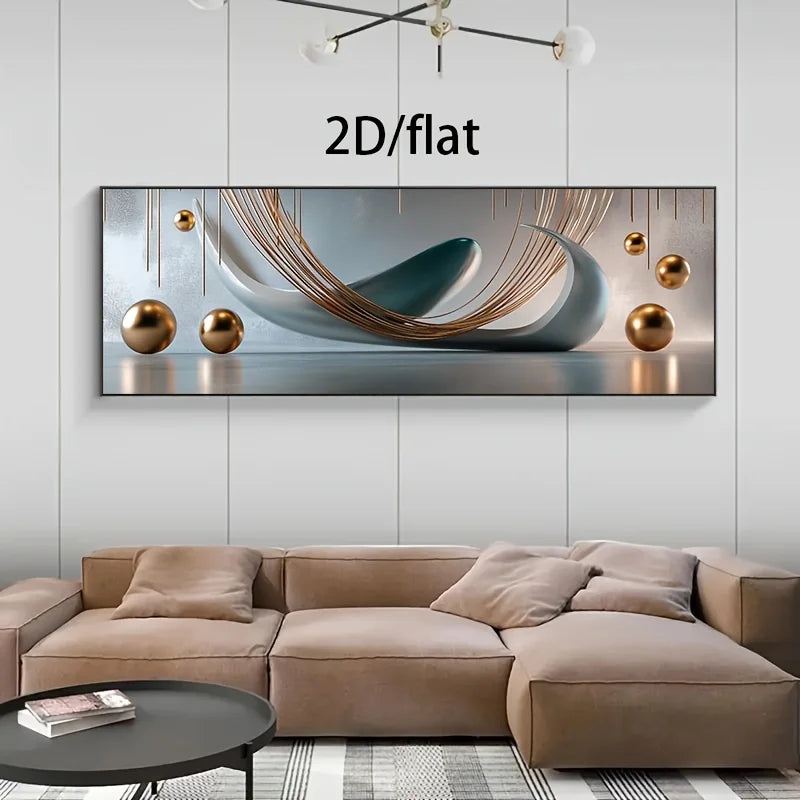 Modern Teal & Bronze Abstract Wall Art – Metallic Sphere & Curved Line Design – Wide Format Modern Aesthetics Artwork for Above the Sofa