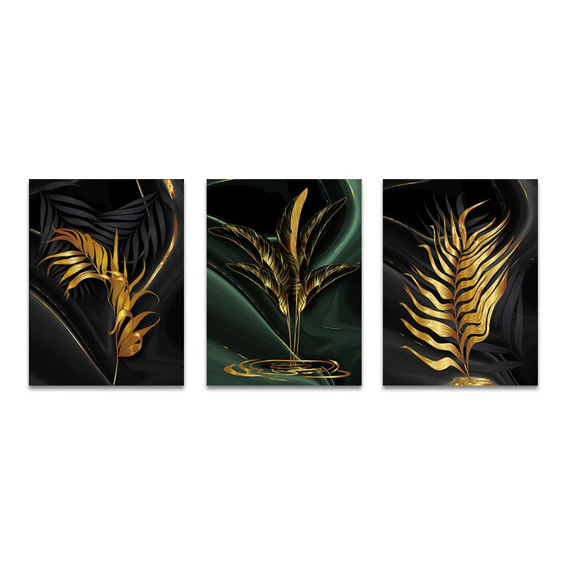 Set of 3PCs Golden Monstera Wall Art Fine Art Canvas Prints - Modern Tropical Botanical Pictures For Living Room Dining Room Art For Contemporary Interiors
