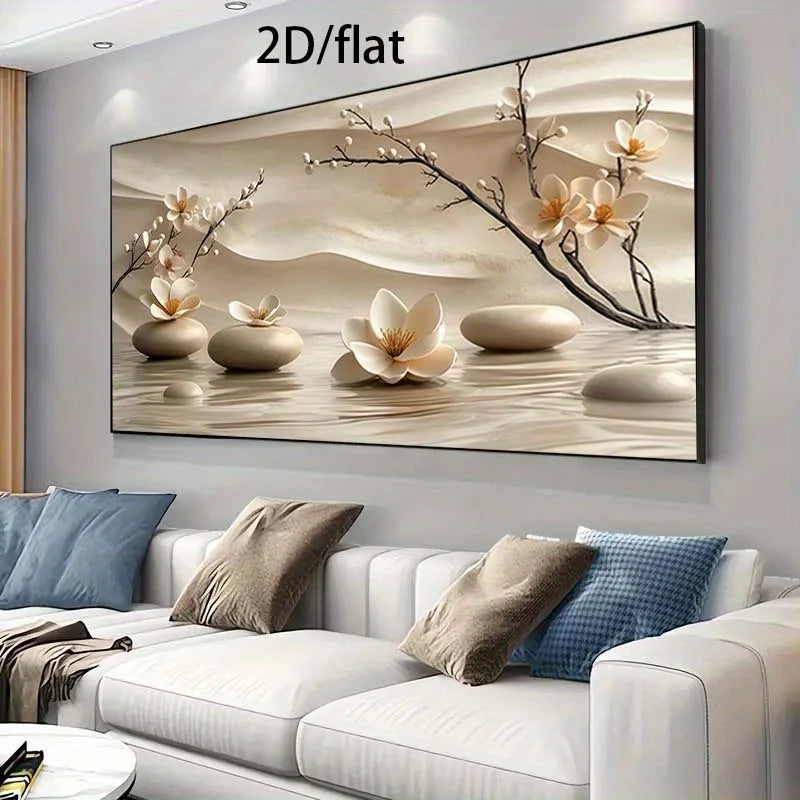 Frameless Modern Canvas Wall Art Flowers & Stones Nature Painting, for Living Room, Bedroom, Home Office, Canvas Wall Art Decor
