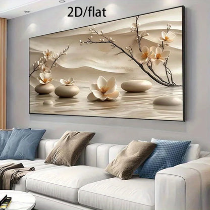 Frameless Modern Canvas Wall Art Flowers & Stones Nature Painting, for Living Room, Bedroom, Home Office, Canvas Wall Art Decor
